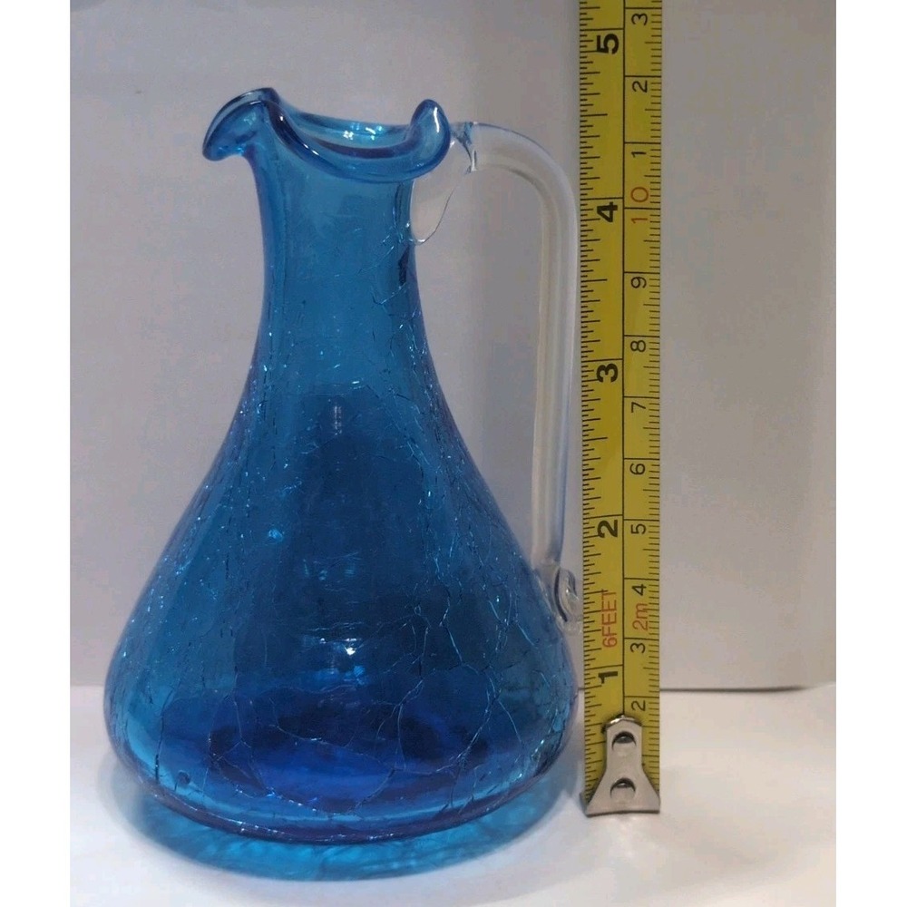 Vintage Cracked Glass Hand Blown Mini Pitchers / Bud Vases Set Of 2 Art Glass - Picture 5 of 15